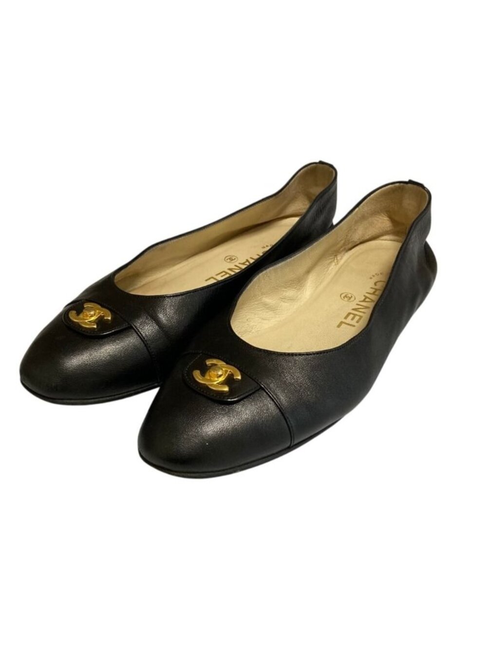 Chanel Turnlock CC Logo Plain Toe Shoes Flat Leather Pumps Black